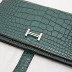 Hermès Béarn Emerald Green Crocodile Wallet with Silver Hardware 