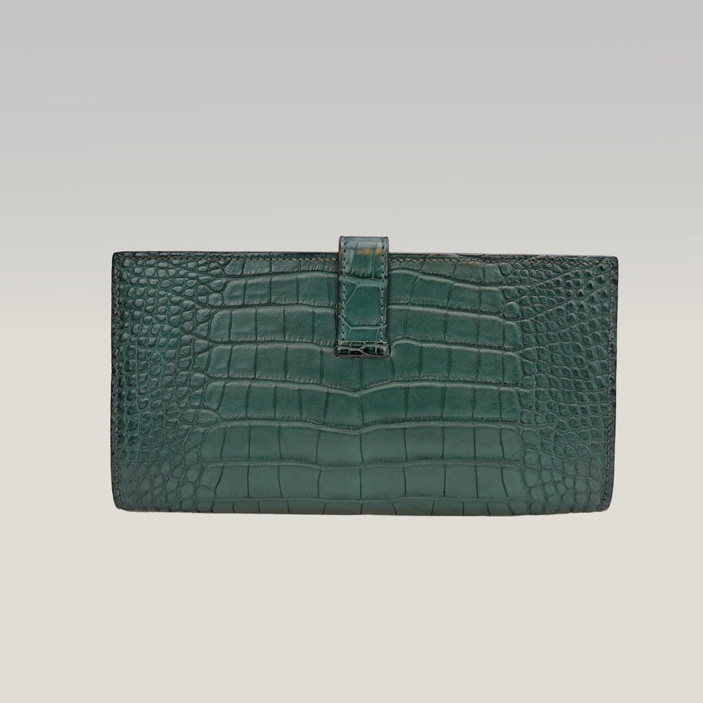 Hermès Béarn Emerald Green Crocodile Wallet with Silver Hardware 
