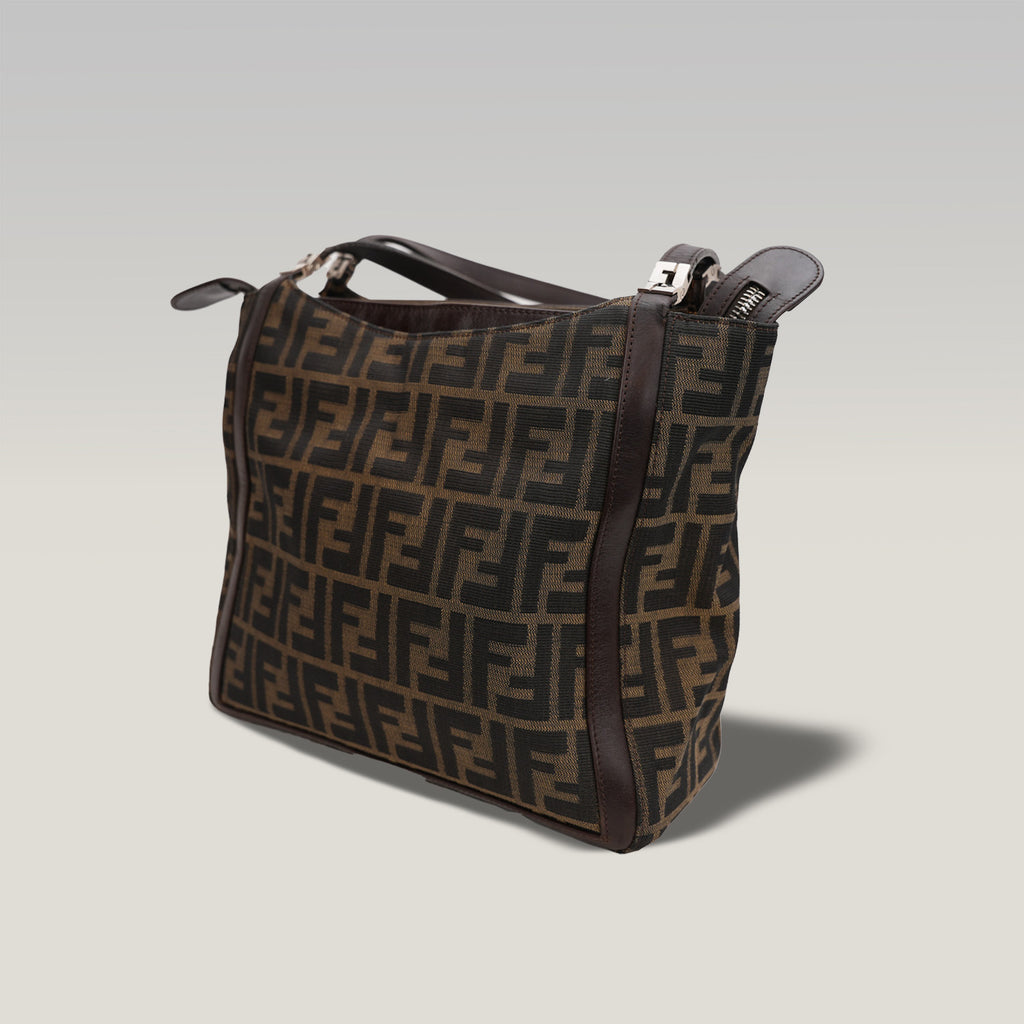 FENDI Borsa a mano in tessuto FF marrone