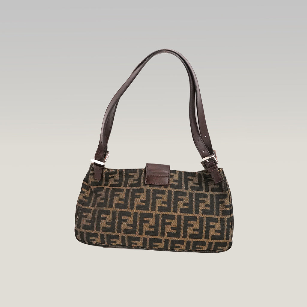 Fendi Zucca Shoulder Bag Media Marrone in Tela FF con Pelle e Hardware Argento