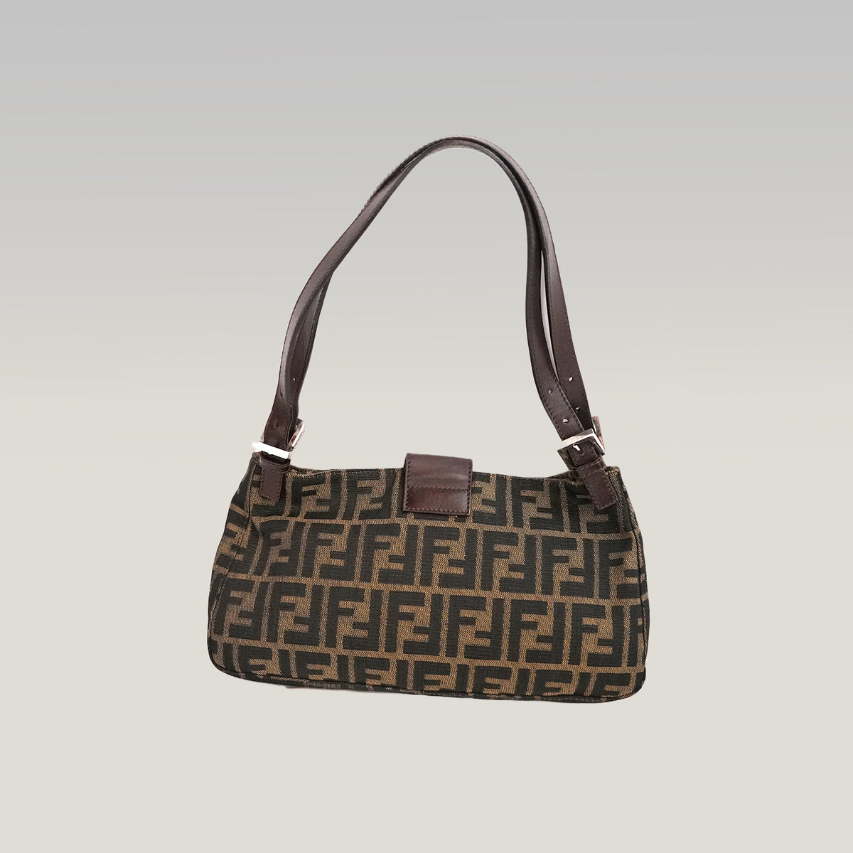 Fendi Zucca Shoulder Bag Media Marrone in Tela FF con Pelle e Hardware Argento