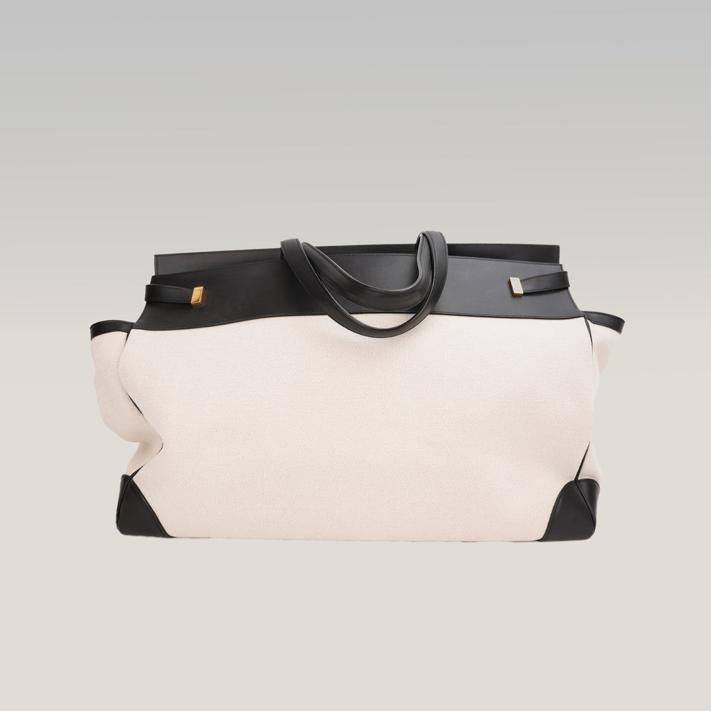 Saint Laurent Manhattan Large Shopping Tote White Canvas Black Leather Trim Shoulder Bag