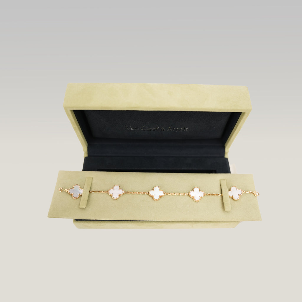 Bracciale Van Cleef & Arpels Vintage Alhambra 5 Motivi in Madreperla Bianca e Oro Giallo 18K
