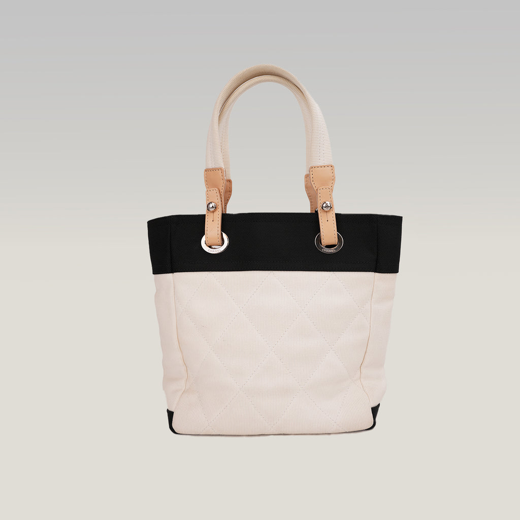 Chanel Paris Biarritz Small Tote White Black Canvas Shoulder Bag CC Medallion