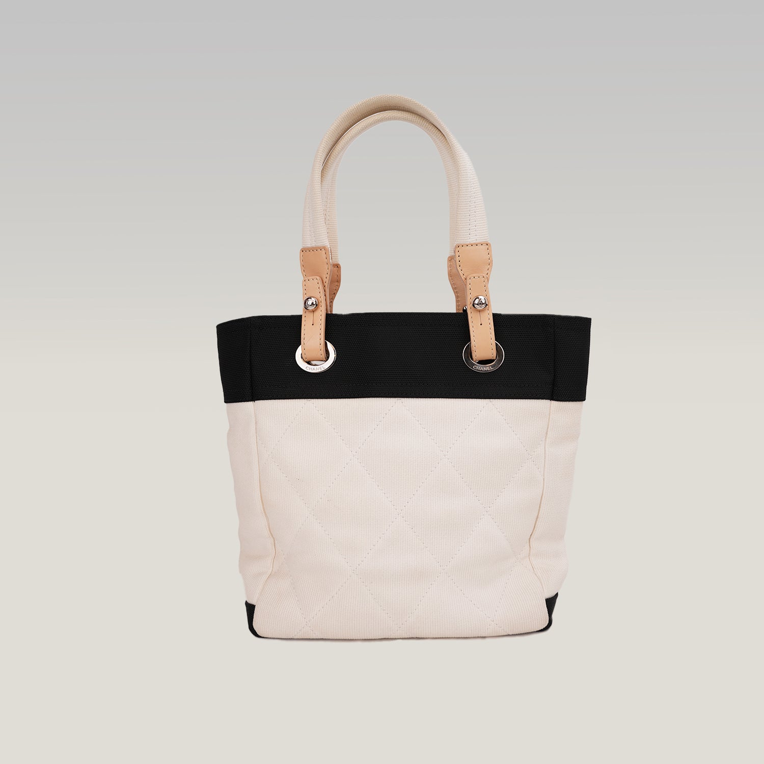 Chanel Paris Biarritz Small Tote White Black Canvas Shoulder Bag CC Medallion