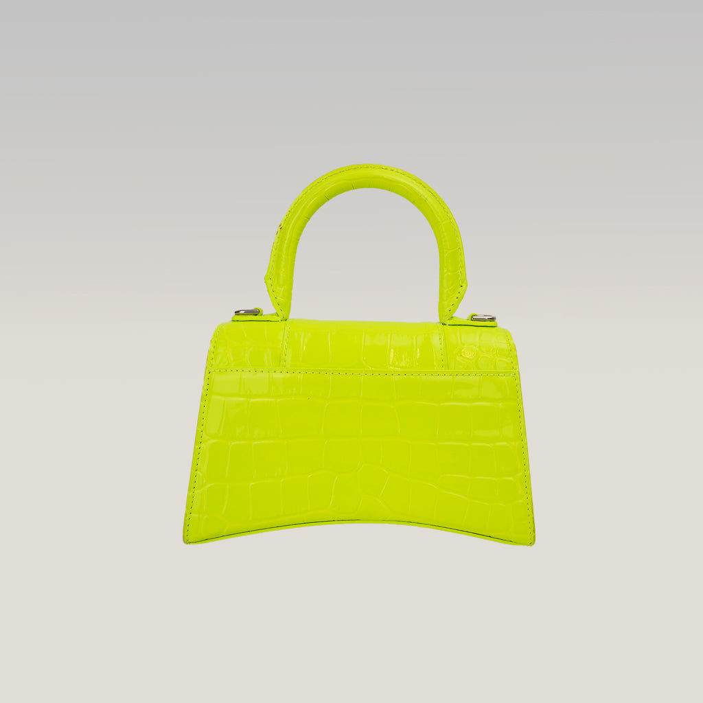 Balenciaga Hourglass XS Borsa a Mano in Pelle Effetto Coccodrillo Giallo Fluo con Logo B Argentato