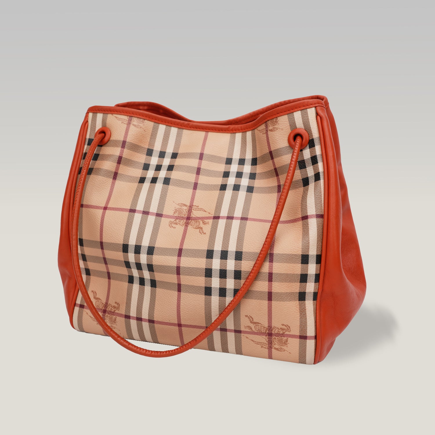 Burberry Borsa a Spalla Nova Check Beige con Dettagli Arancioni in Pelle