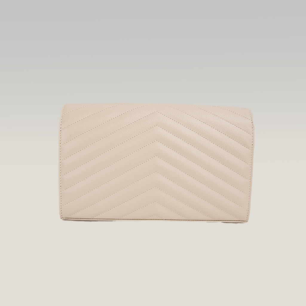 Pochette Saint Laurent Monogram Bianca in Pelle Matelassé Chevron con Logo YSL Dorato