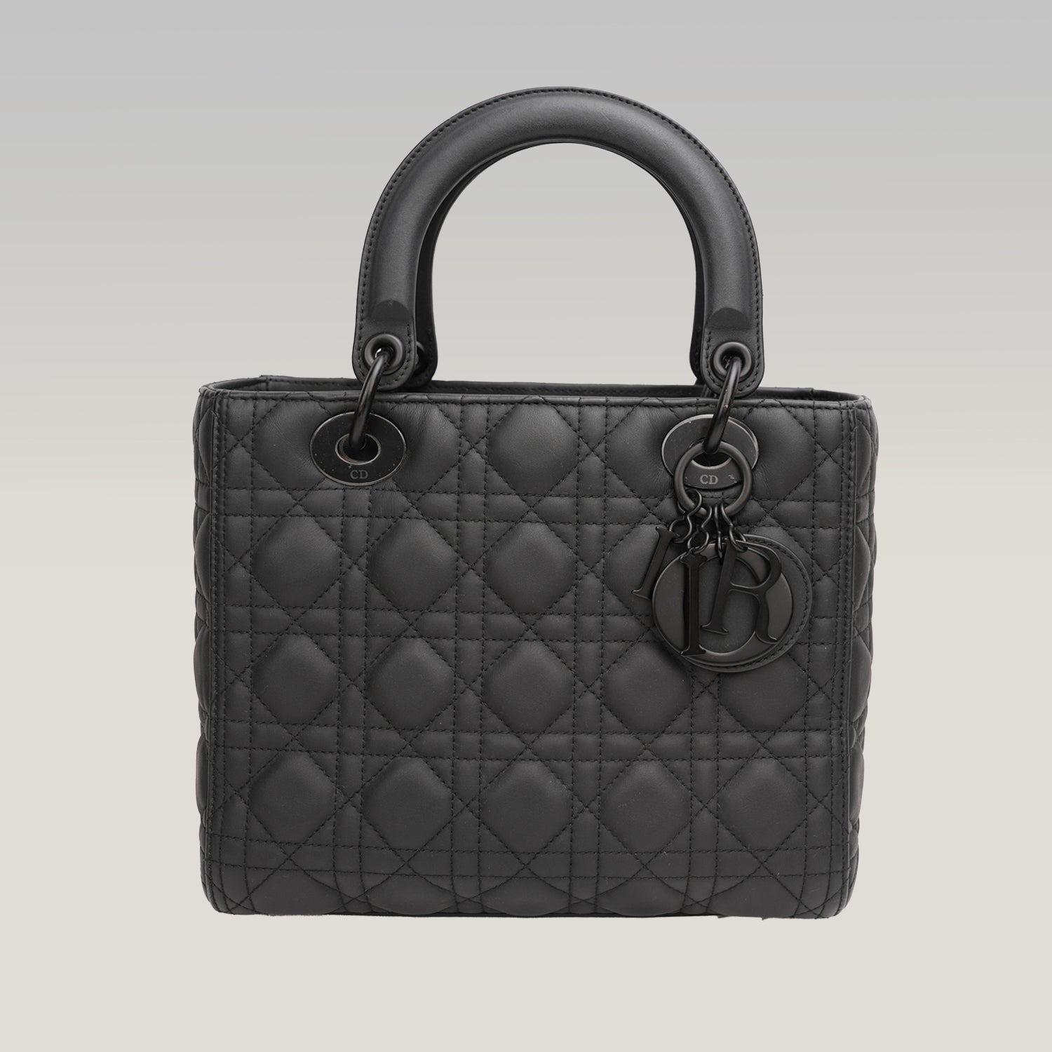 Dior Lady Dior Media in Pelle Cannage Nera Opaca con Tracolla