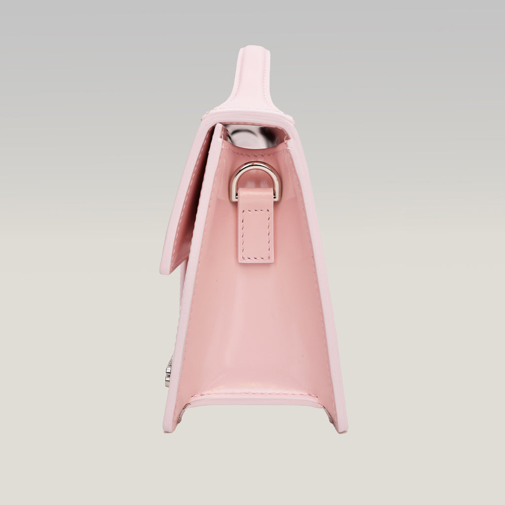 Jacquemus Le Grand Bambino Rosa Pallido in Pelle Verniciata con Manico e Tracolla