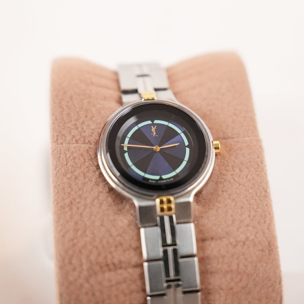 Yves Saint Laurent YSL Orologio Vintage Donna al Quarzo con Quadrante Blu e Bracciale Argentato con Dettagli Dorati