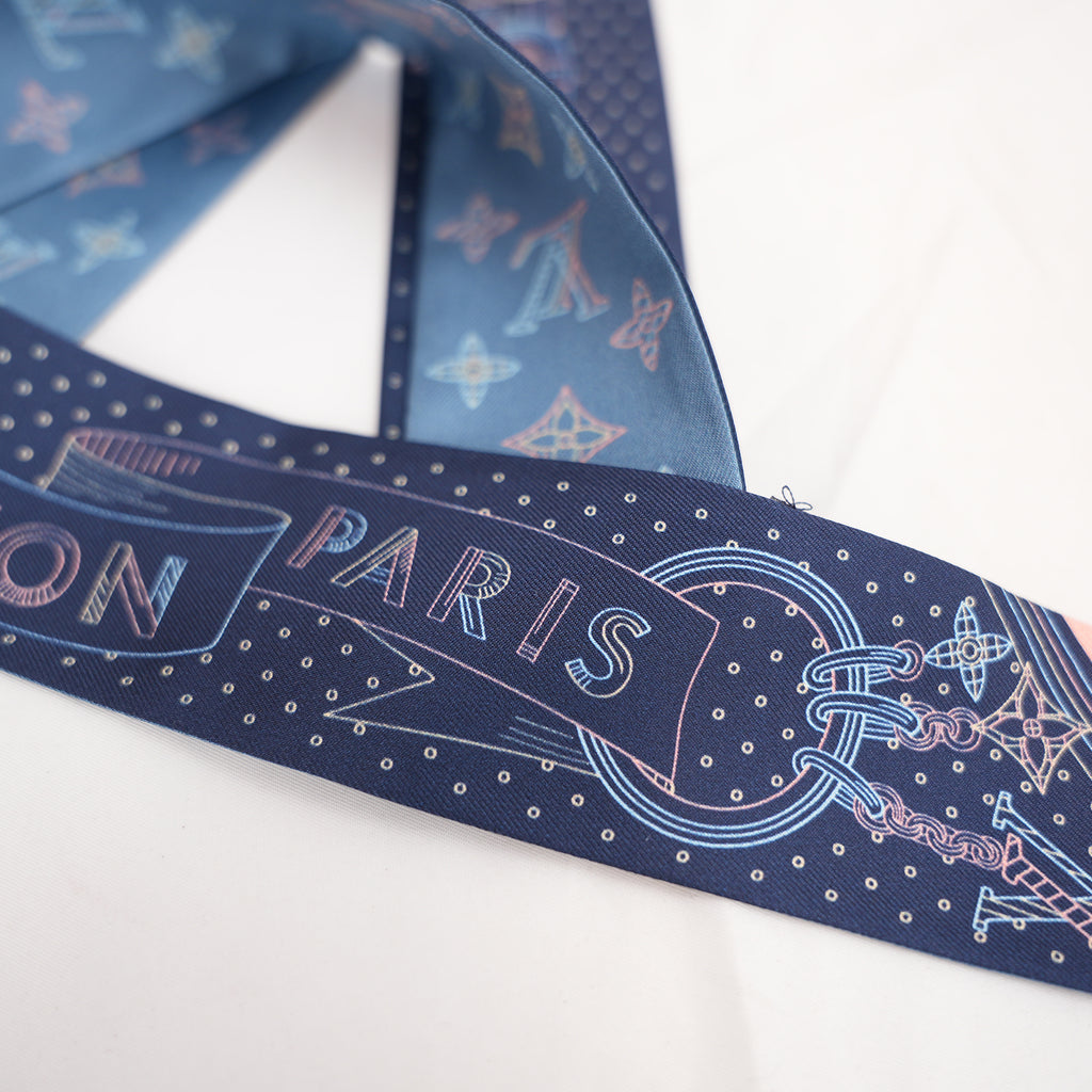 Louis Vuitton Bandeau Silk Scarf Blue Pink Monogram Travel Print Twilly