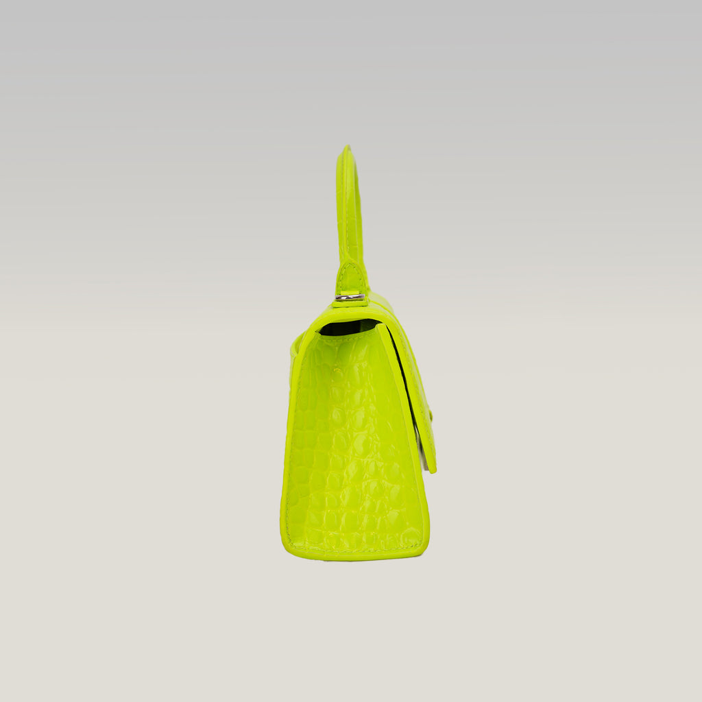 Balenciaga Hourglass XS Borsa a Mano in Pelle Effetto Coccodrillo Giallo Fluo con Logo B Argentato