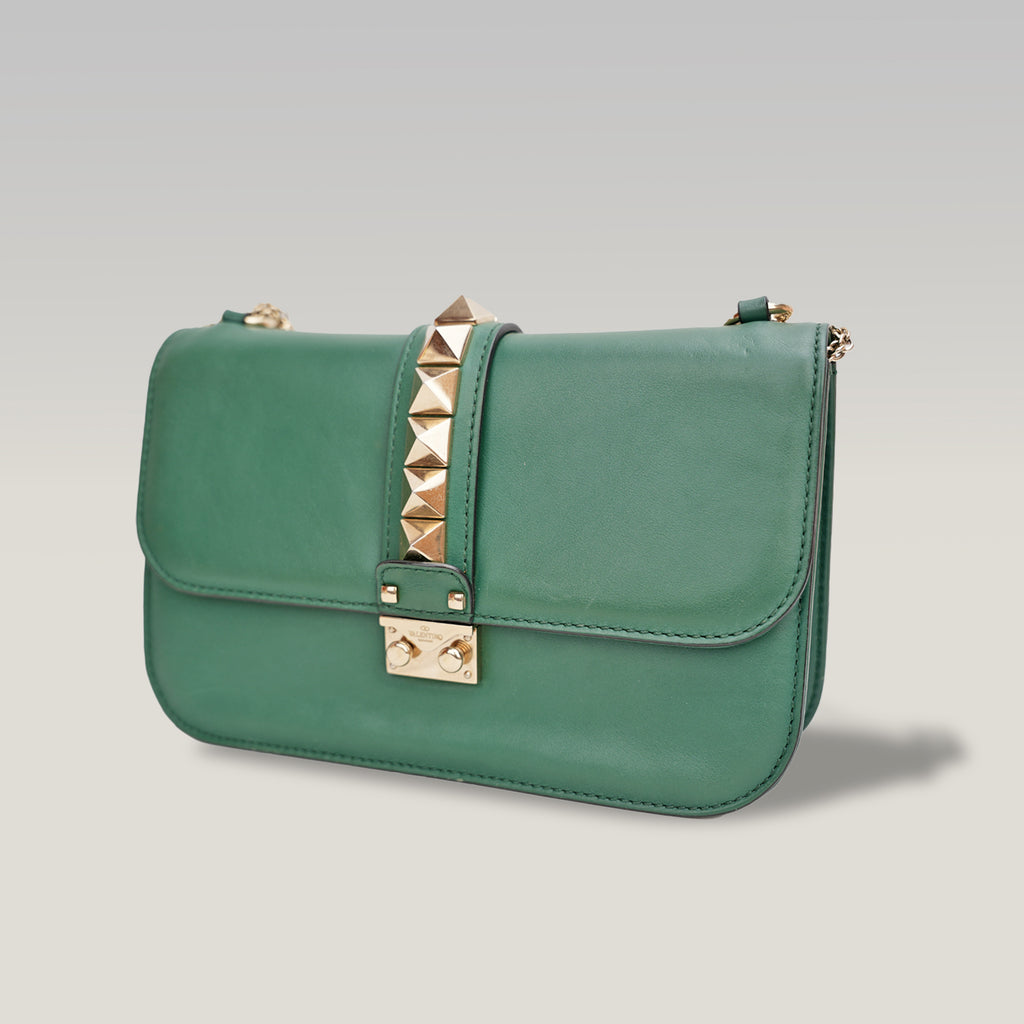 Valentino Garavani Rockstud Glam Lock Medium Leather Shoulder Bag Green Crossbody Bag