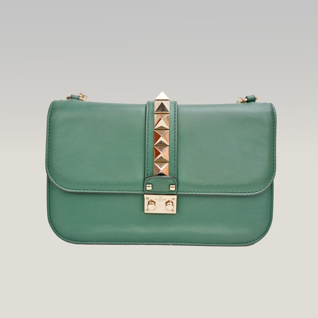 Valentino Garavani Rockstud Glam Lock Medium Leather Shoulder Bag Green Crossbody Bag