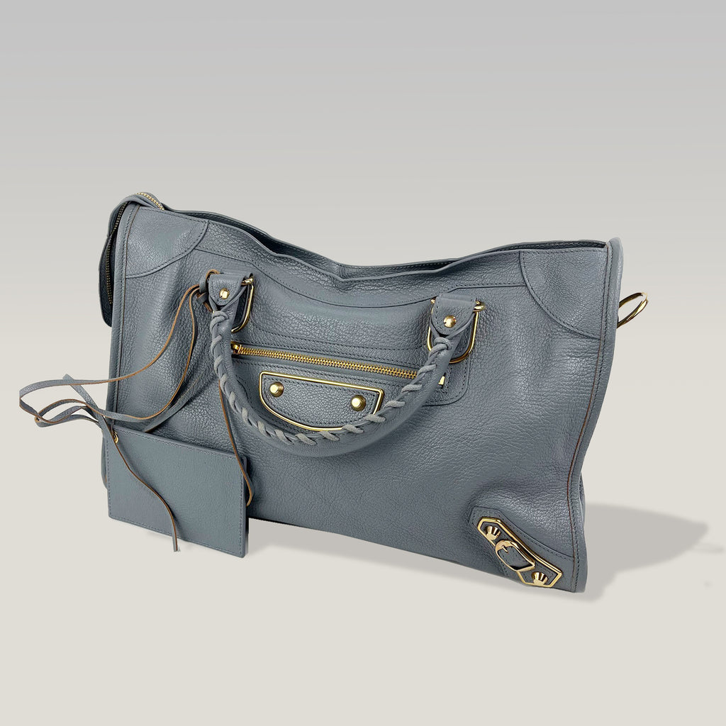 Balenciaga City Classic in Pelle Grigio Scuro Medium con Borchie e Tracolla