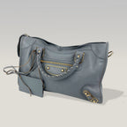Balenciaga City Classic in Pelle Grigio Scuro Medium con Borchie e Tracolla