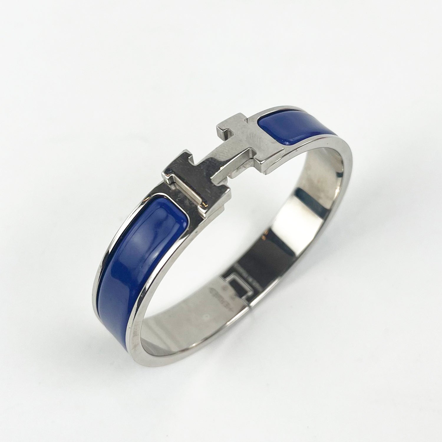 Hermès Bracciale Click Clac H PM in Smalto Blu e Metallo Argento