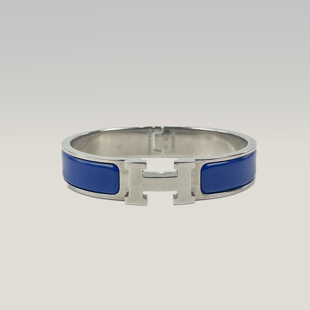 Hermès Bracciale Click Clac H PM in Smalto Blu e Metallo Argento