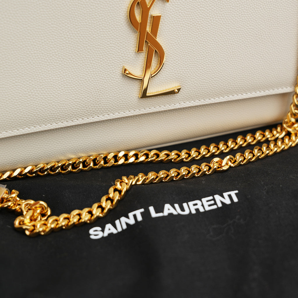 Saint Laurent Kate Medium White Grained Leather with Gold Logo