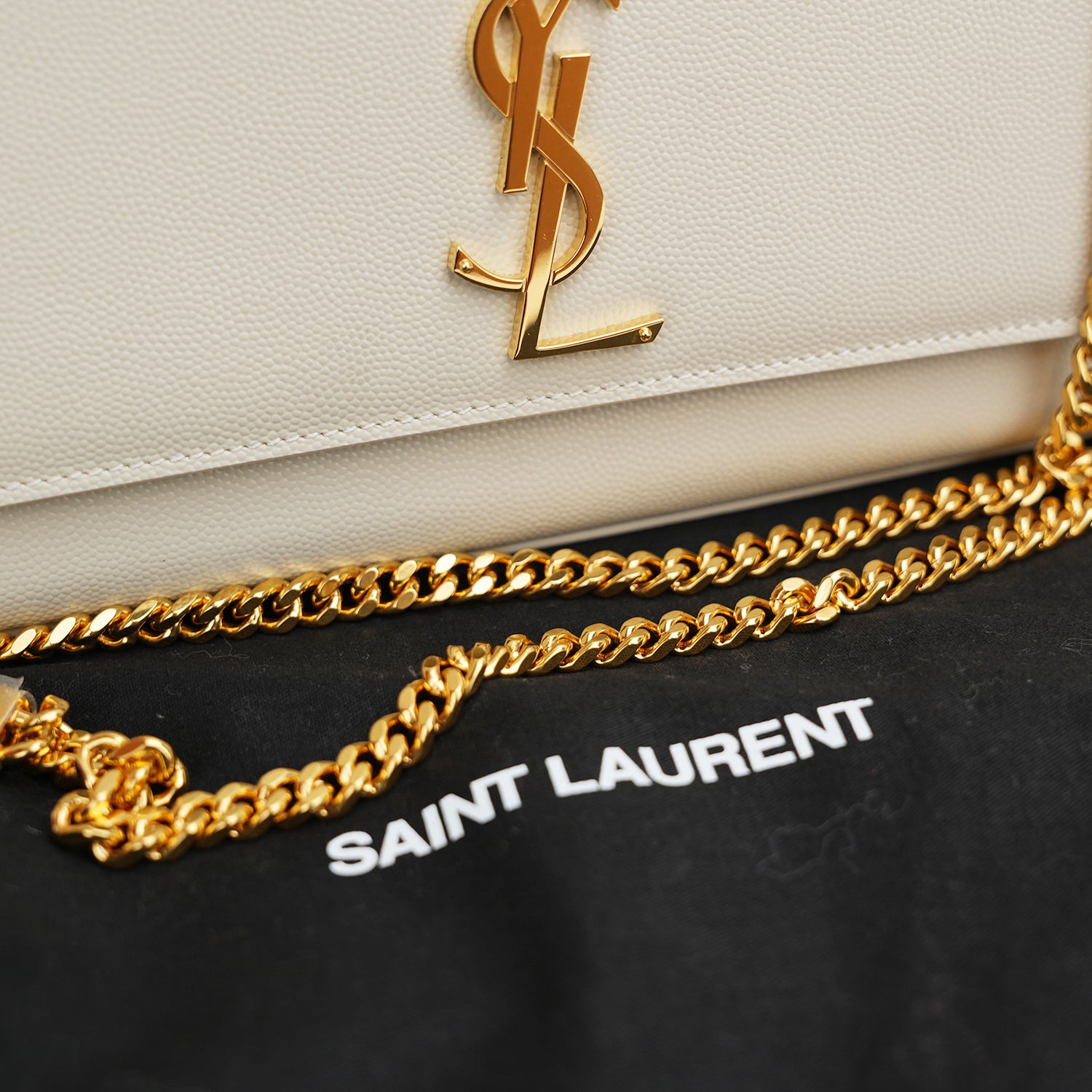 Saint Laurent Kate Medium White Grained Leather with Gold Logo