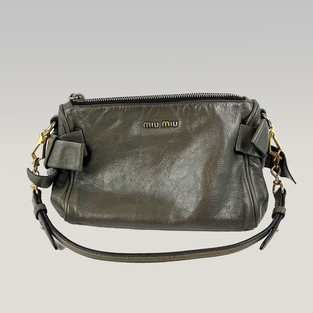 Miu Miu Bow Bag Borsa a Tracolla in Pelle Grigia con Fiocchi e Dettagli Dorati