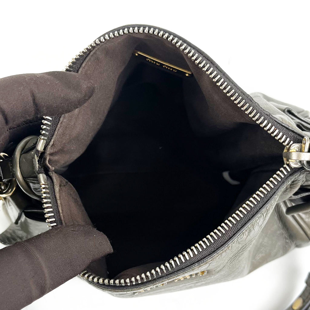 Miu Miu Bow Bag Borsa a Tracolla in Pelle Grigia con Fiocchi e Dettagli Dorati
