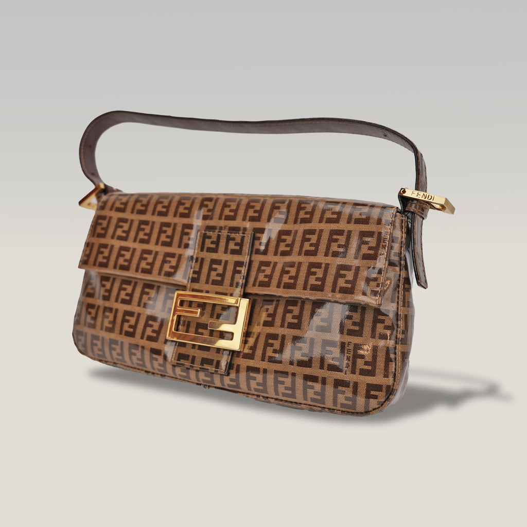 Fendi Baguette – brown FF monogram shoulder bag in crystal-effect leather 