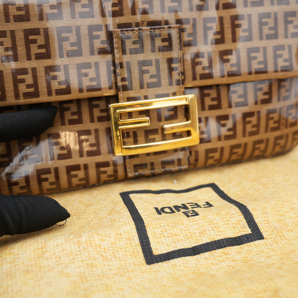 Fendi Baguette – brown FF monogram shoulder bag in crystal-effect leather 