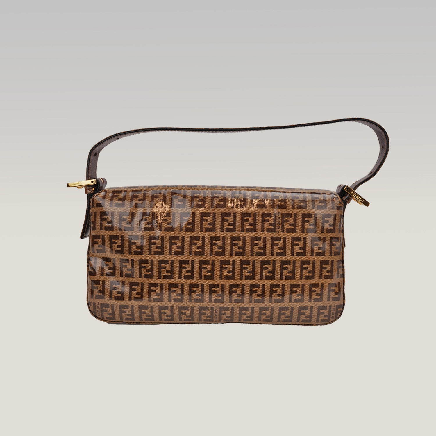 Fendi Baguette – borsa a spalla FF monogram marrone in pelle effetto crystal