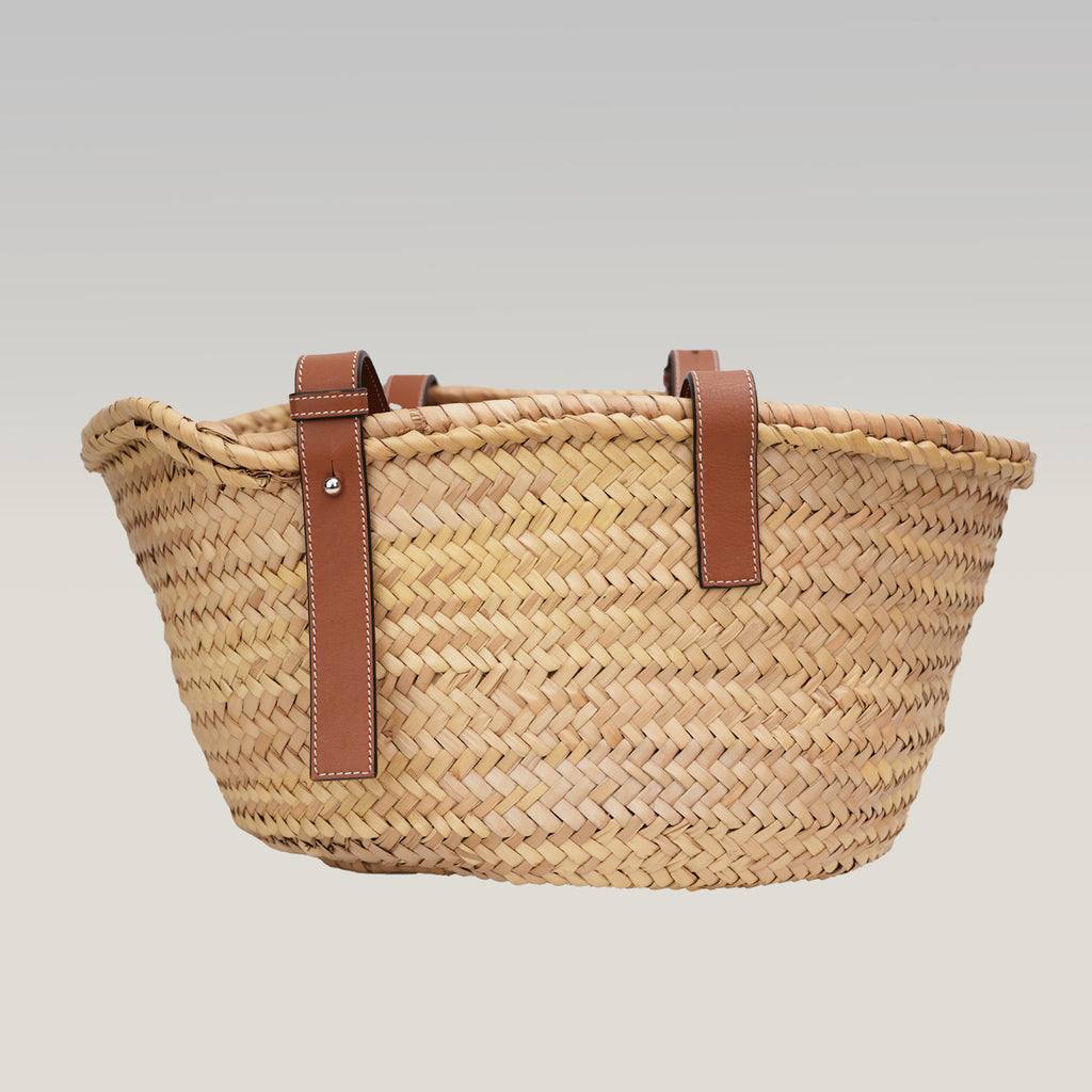 Loewe Borsa Large in Rafia Intrecciata con Dettagli in Pelle Cuoio