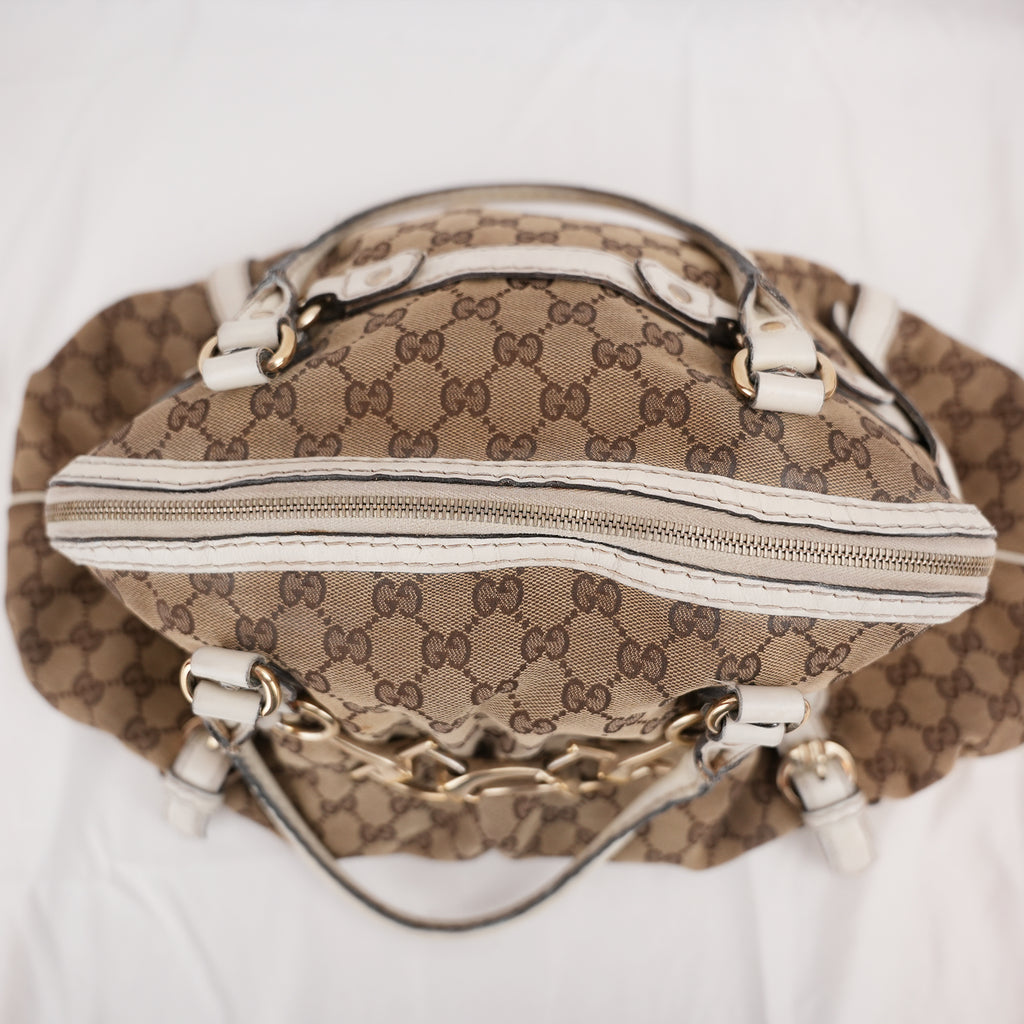 Gucci Borsa a Spalla Grande Vintage in Tela GG Beige e Pelle Bianca