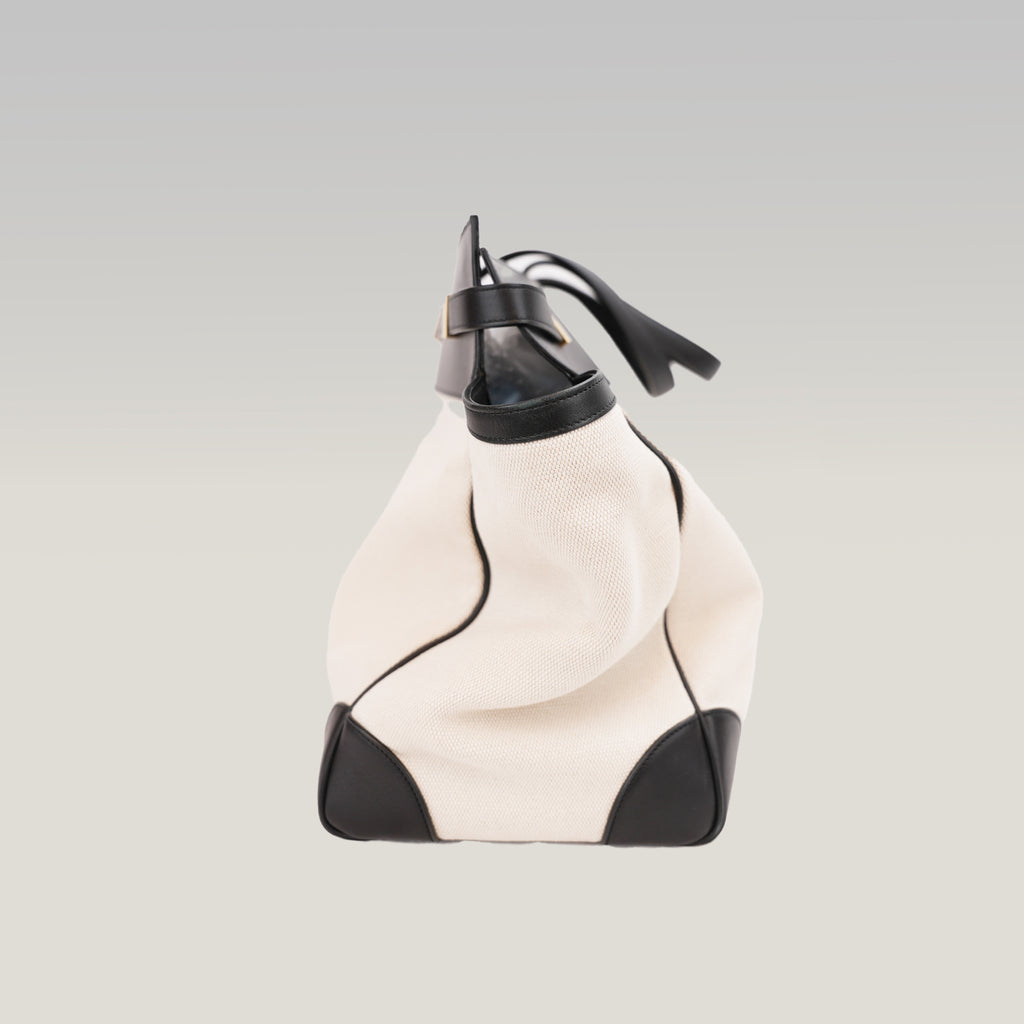 Saint Laurent Manhattan Large Shopping Tote White Canvas Black Leather Trim Shoulder Bag