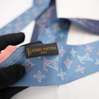 Louis Vuitton Bandeau Silk Scarf Blue Pink Monogram Travel Print Twilly