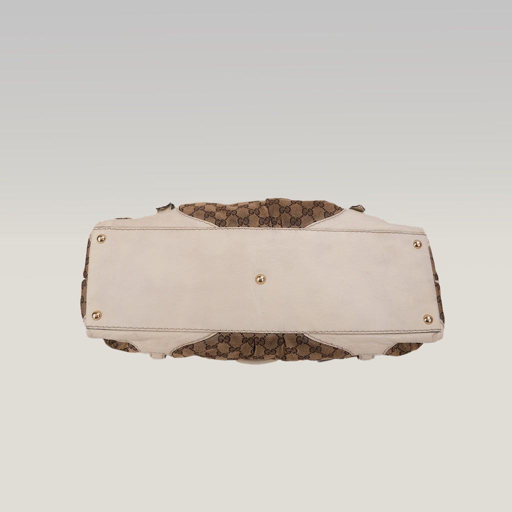 Gucci Borsa a Spalla Grande Vintage in Tela GG Beige e Pelle Bianca