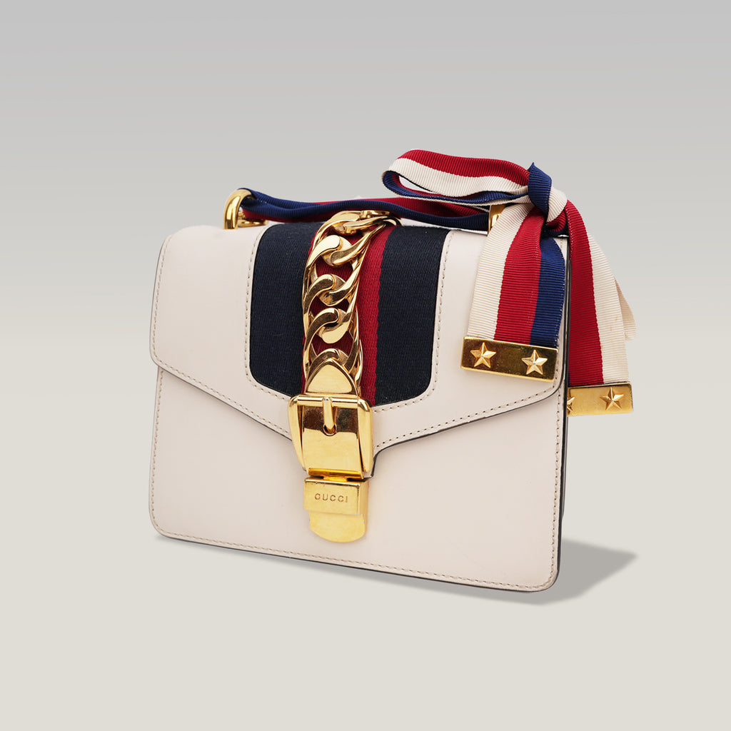 Gucci Sylvie Mini white leather bag with Web ribbon and gold chain