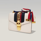 Gucci Sylvie Mini white leather bag with Web ribbon and gold chain