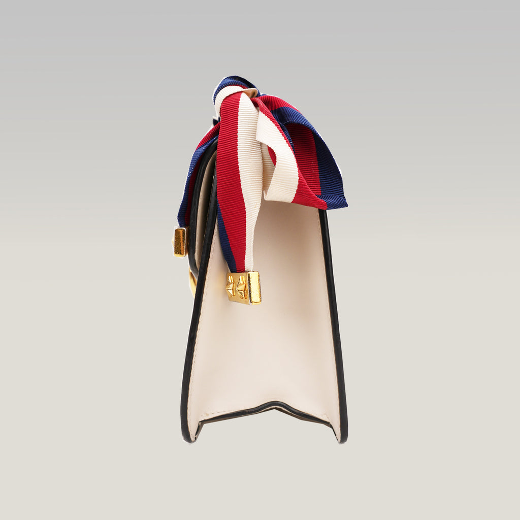 Gucci Sylvie Mini white leather bag with Web ribbon and gold chain