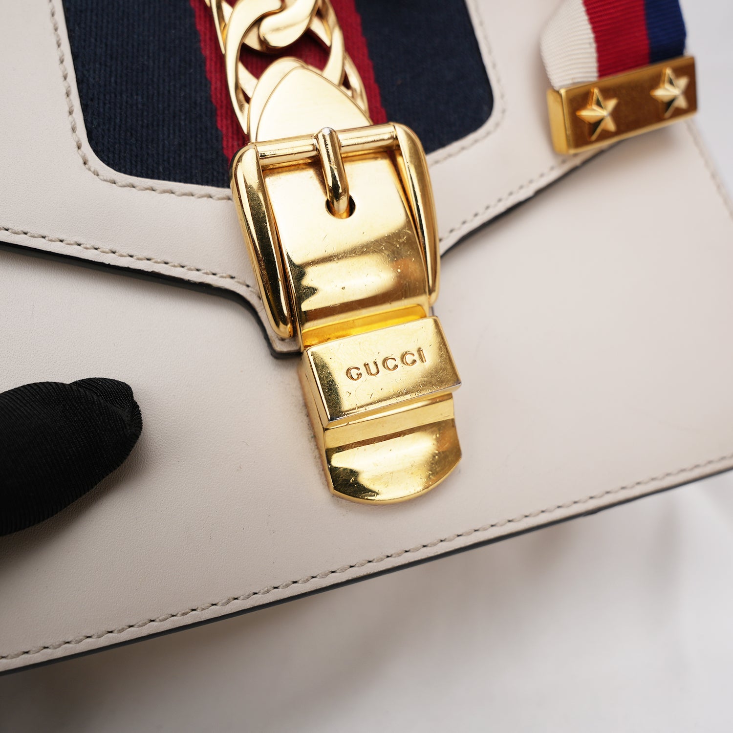 Gucci Sylvie Mini white leather bag with Web ribbon and gold chain
