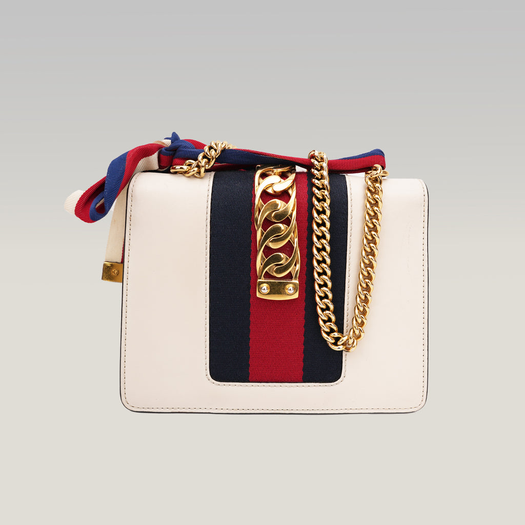 Gucci Sylvie Mini white leather bag with Web ribbon and gold chain