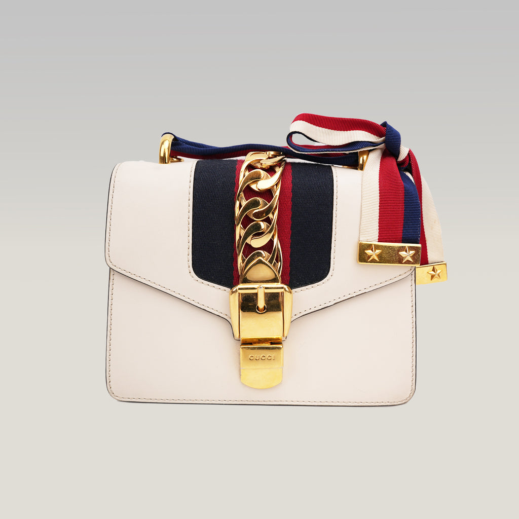 Gucci Sylvie Mini white leather bag with Web ribbon and gold chain