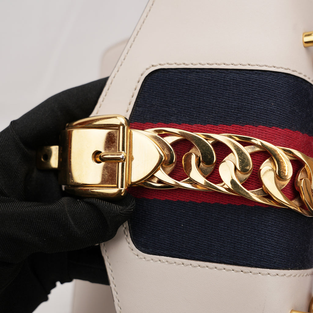 Gucci Sylvie Mini white leather bag with Web ribbon and gold chain