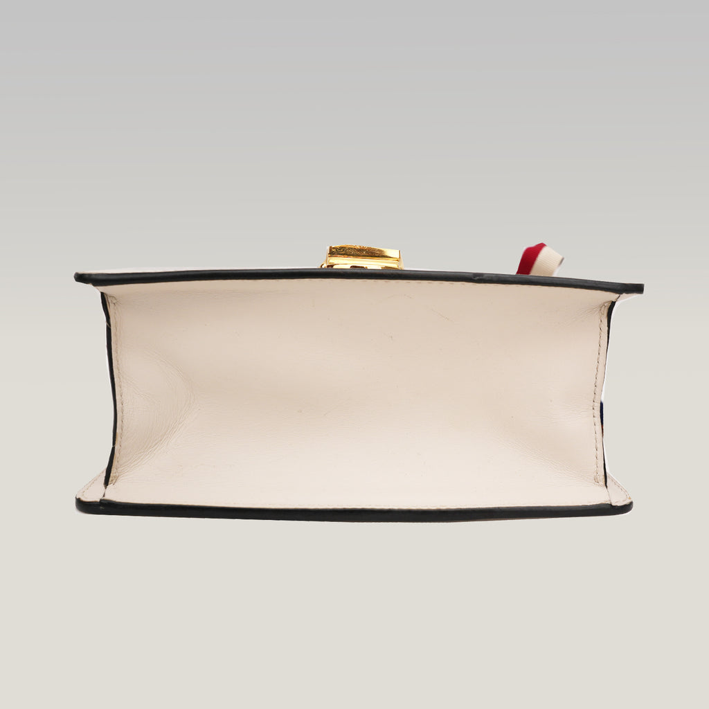 Gucci Sylvie Mini white leather bag with Web ribbon and gold chain