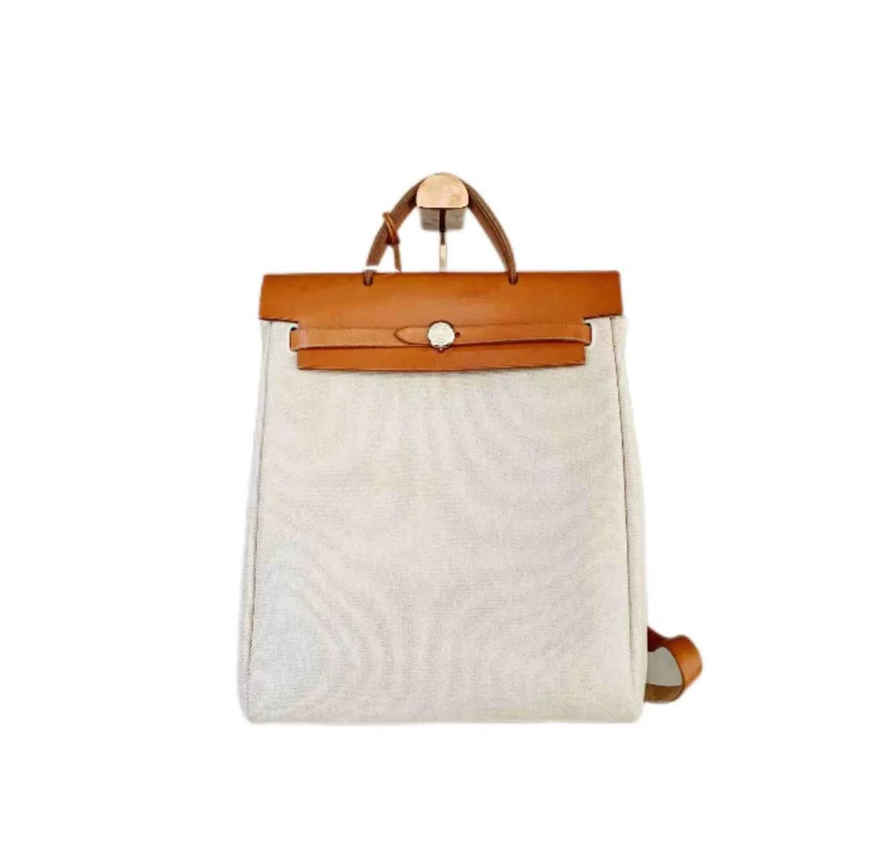 Hermès Herbag 30 in Tela Beige e Pelle Bovina color Gold con Ferramenta Dorata