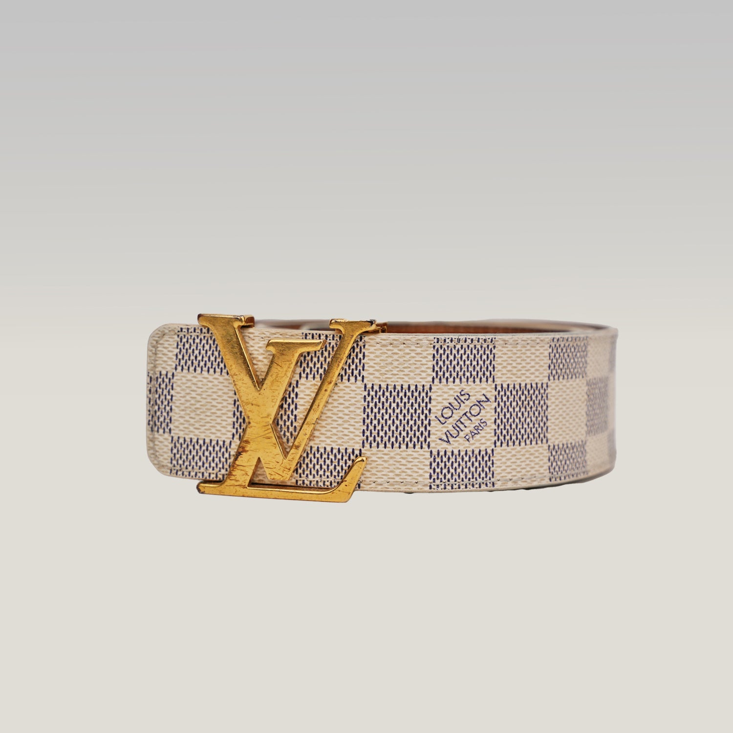 Louis Vuitton cintura Damier Azur con fibbia LV oro misura 80 cm