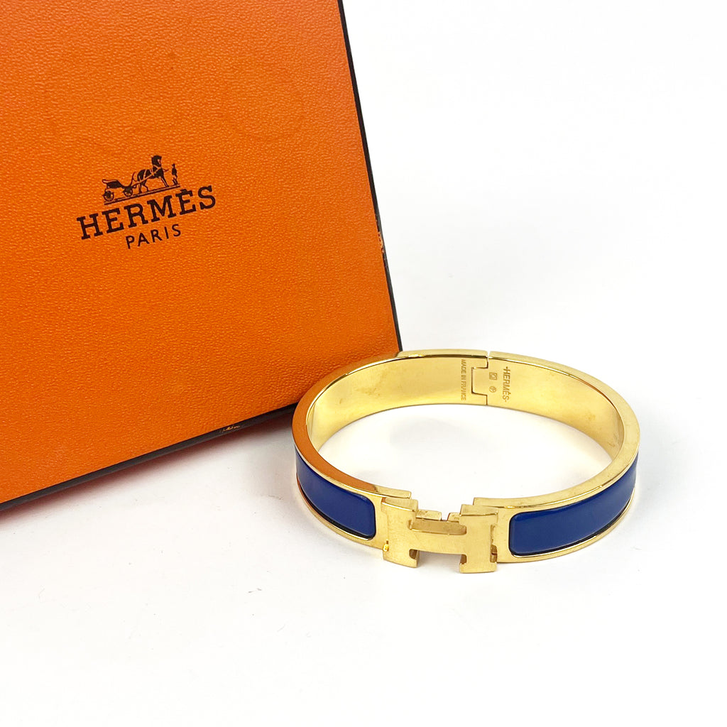 Hermès Bracciale Clic H in Ceramica Blu e Metallo Dorato