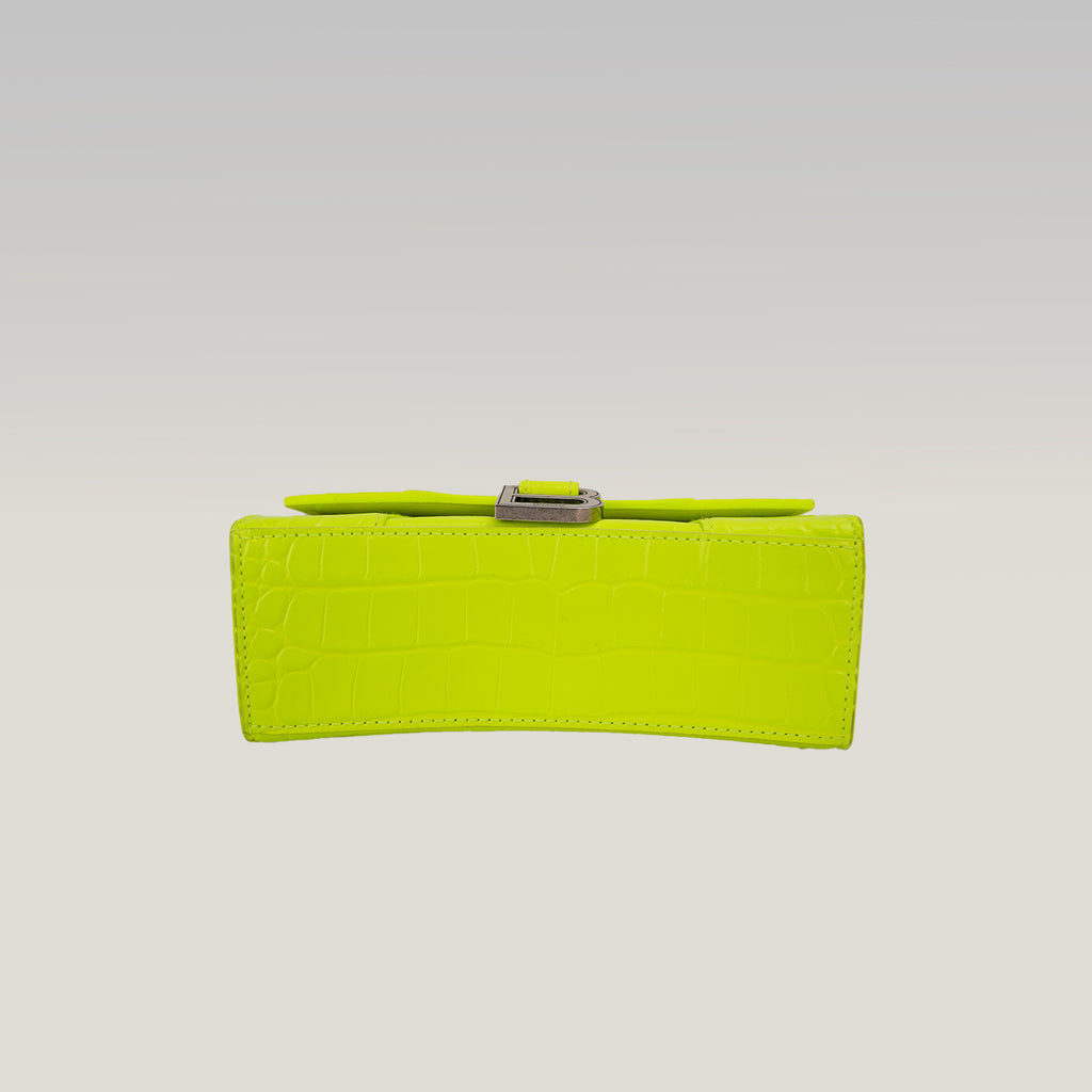 Balenciaga Hourglass XS Borsa a Mano in Pelle Effetto Coccodrillo Giallo Fluo con Logo B Argentato