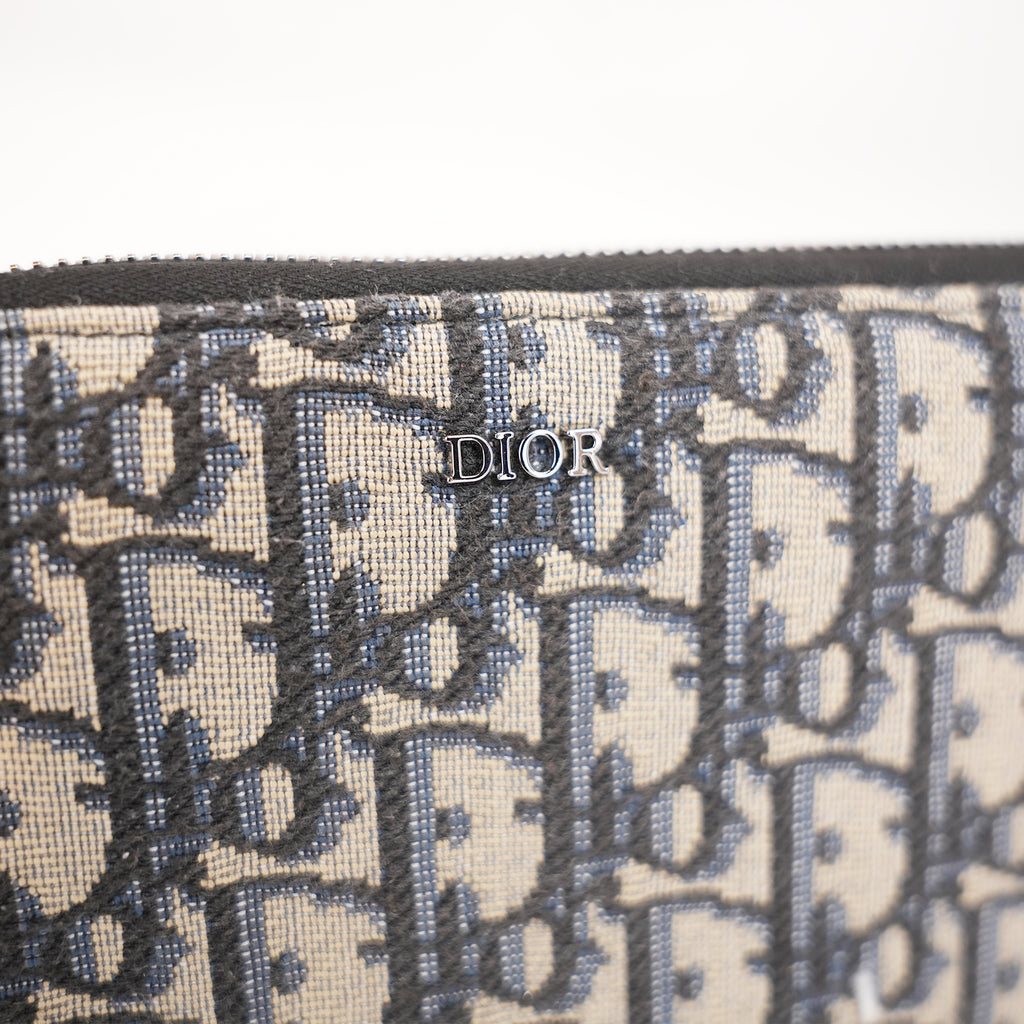 Dior Oblique Portafoglio Lungo Zip Around in Jacquard Beige e Blu con Finiture Nere