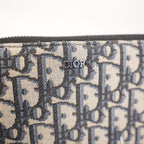 Dior Oblique Portafoglio Lungo Zip Around in Jacquard Beige e Blu con Finiture Nere