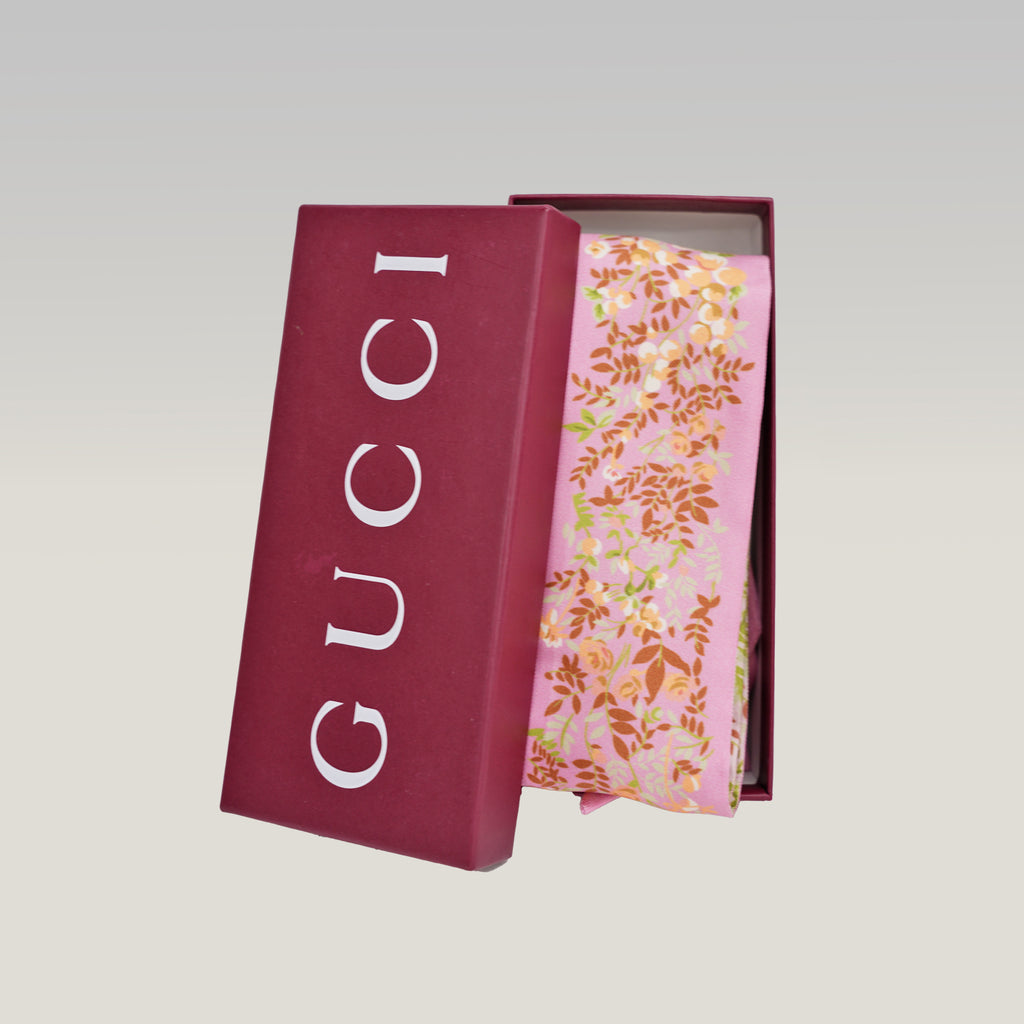 Gucci Pink Floral Silk Twilly Bag Scarf 